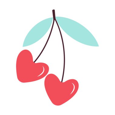 Şirin Kalpli Kirazlar. Basit El Çizimi Vektör Çizimi Poster, Kart, Davetiye, Tişört baskısı, Oyun Odası Duvarı Asma veya Sevgililer Günü tebrik kartı için mükemmel. Vektör illüstrasyonu