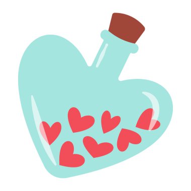 İçinde kalpler olan aşk şişesi. Basit El Çizimi. Sevgililer Günü için Retro Düz Tasarım öğesi. Poster, tişört baskısı ya da Sevgililer Günü tebrik kartı için mükemmel. Vektör illüstrasyonu