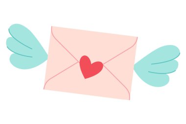 Kanatlı sevgililer günü mektubu. Mektup uçuyor. Posta zarfı, posta pulu ve kanatlı aşk mesajı, beyaz arka planda izole edilmiş. Sevgililer Günün kutlu olsun. Aşkıma. Vektör