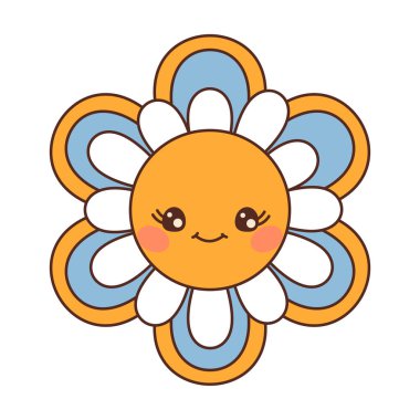 Retro Groovy Çiçekli Hippi çizimi Beyaz Arkaplanda izole edildi. Retro biçimi Vektör illüstrasyonu