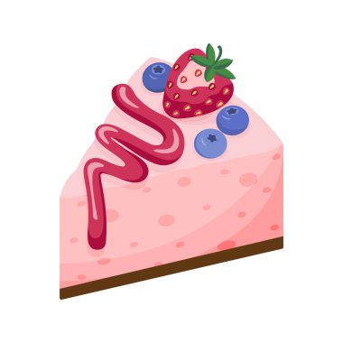 Çilekli cheesecake tatlısı. Çilek ve yabanmersinli. Beyaz Arkaplan 'da izole edilmiş tatlı pastası. Vektör Simgesi illüstrasyon pastası. 