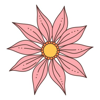 Pembe çiçek. Doodle tarzı beyaz arkaplanda izole edildi. Bahar mevsimleri tasarım elementi. Poster Davetiye Tişörtü Yazısı ya da Tebrik Kartı için mükemmel. Moda düz vektör illüstrasyonu 