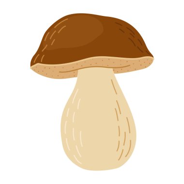 Porcini orman mantarı. El yapımı boletus edulis mantarı. Porcini taze yenebilir mantarlar çizgi film stili dekor elementi. Cep. Beyaz arka planda King Bolete. Penny Bun Vektör illüstrasyonu