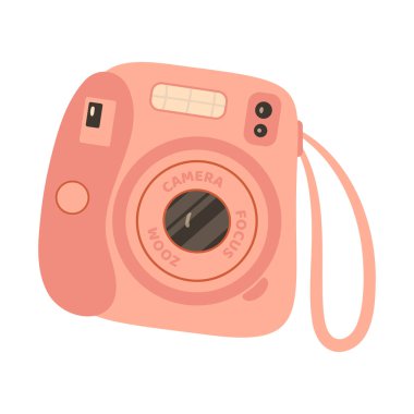 Pembe Anlık Kamera Cihazı. Fotoğraf makinesi El beyaz arka planda düz stil çizdi. Web siteleri veya mobil uygulamalar için simge. Flaş ve lens görünür. Vektör illüstrasyonu