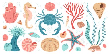 El çizimi karikatür deniz yaşamı elementleri ayarlandı. Su hayvanları, deniz şakayıkları, yengeç, yosun, deniz kabuğu, denizyıldızı, deniz atı. Moda düz karalama, su altı ekosistemi tasarımınız için ayarlandı. Vektör illüstrasyonu