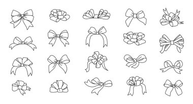 Kurdele yay karalama seti. Sevgililer Günü ya da düğün süslü bant yayları. Siyah ve beyaz çizgili sanat öğeleri için hediye, kutlama, tebrik. Beyaz arkaplan vektör çiziminde izole.