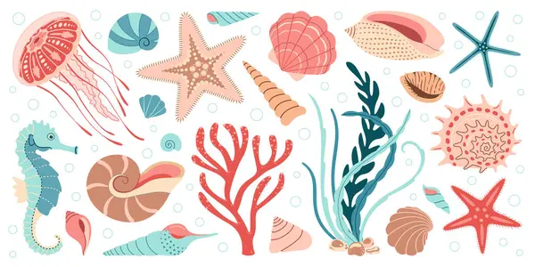 El çizimi karikatür deniz yaşamı elementleri ayarlandı. Su hayvanları, deniz şakayıkları, yengeç, denizanası, algler, deniz kabukları, denizyıldızı, deniz atı. Moda düz karalama sualtı ekosistemi. Vektör illüstrasyonu