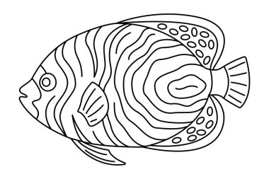 Tropik Balık. Basit El Çizimi. Beyaz arka planda izole edilmiş. Karalama balığı çizimi. Çocuklar ve yetişkinler için resim terapisi boyama sayfası. Siyah ve Beyaz Vektör illüstrasyonu