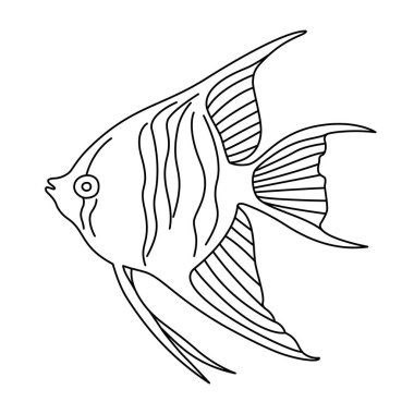 Tropik Balık. Basit El Çizimi. Beyaz arka planda izole edilmiş. Karalama balığı çizimi. Çocuklar ve yetişkinler için resim terapisi boyama sayfası. Siyah ve Beyaz Vektör illüstrasyonu