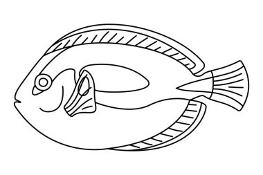 Tropik Balık. Basit El Çizimi. Beyaz arka planda izole edilmiş. Karalama balığı çizimi. Çocuklar ve yetişkinler için resim terapisi boyama sayfası. Siyah ve Beyaz Vektör illüstrasyonu
