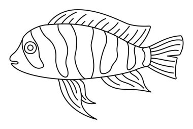 Tropik Balık. Basit El Çizimi. Beyaz arka planda izole edilmiş. Karalama balığı çizimi. Çocuklar ve yetişkinler için resim terapisi boyama sayfası. Siyah ve Beyaz Vektör illüstrasyonu