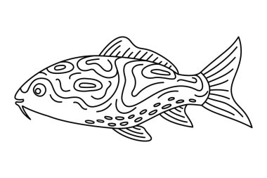 Tropik Balık. Basit El Çizimi. Beyaz arka planda izole edilmiş. Karalama balığı çizimi. Çocuklar ve yetişkinler için resim terapisi boyama sayfası. Siyah ve Beyaz Vektör illüstrasyonu