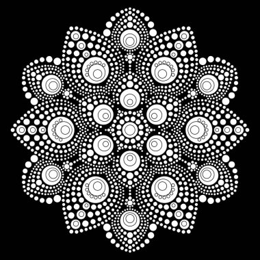 Rahatlama ve meditasyon için dot mandala boyama sayfası. Geleneksel Aborjin sanatı. Nokta boyama moda halk tasarımı çocuklar ve yetişkinler için siyah arkaplan boyama kitabında izole edildi. Vektör illüstrasyonu