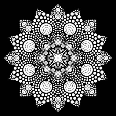 Rahatlama ve meditasyon için dot mandala boyama sayfası. Geleneksel Aborjin sanatı. Nokta boyama moda halk tasarımı çocuklar ve yetişkinler için siyah arkaplan boyama kitabında izole edildi. Vektör illüstrasyonu