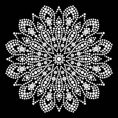 Rahatlama ve meditasyon için dot mandala boyama sayfası. Geleneksel Aborjin sanatı. Nokta boyama moda halk tasarımı çocuklar ve yetişkinler için siyah arkaplan boyama kitabında izole edildi. Vektör illüstrasyonu
