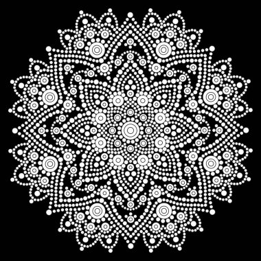Rahatlama ve meditasyon için dot mandala boyama sayfası. Geleneksel Aborjin sanatı. Nokta boyama moda halk tasarımı çocuklar ve yetişkinler için siyah arkaplan boyama kitabında izole edildi. Vektör illüstrasyonu