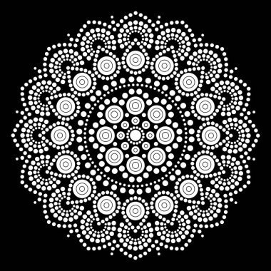 Rahatlama ve meditasyon için dot mandala boyama sayfası. Geleneksel Aborjin sanatı. Nokta boyama moda halk tasarımı çocuklar ve yetişkinler için siyah arkaplan boyama kitabında izole edildi. Vektör illüstrasyonu