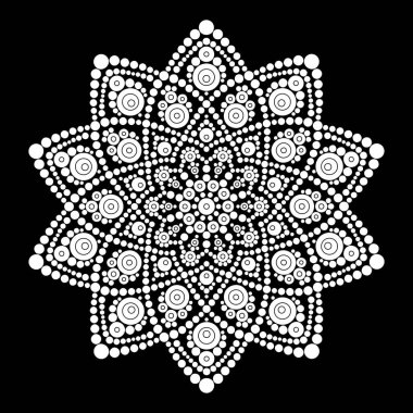 Rahatlama ve meditasyon için dot mandala boyama sayfası. Geleneksel Aborjin sanatı. Nokta boyama moda halk tasarımı çocuklar ve yetişkinler için siyah arkaplan boyama kitabında izole edildi. Vektör illüstrasyonu