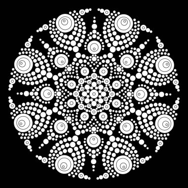 Rahatlama ve meditasyon için dot mandala boyama sayfası. Geleneksel Aborjin sanatı. Nokta boyama moda halk tasarımı çocuklar ve yetişkinler için siyah arkaplan boyama kitabında izole edildi. Vektör illüstrasyonu