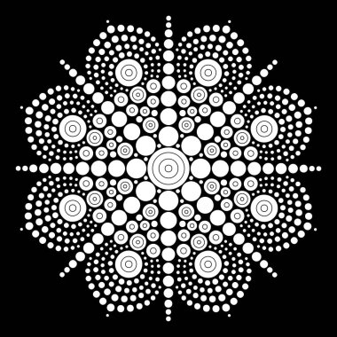 Rahatlama ve meditasyon için dot mandala boyama sayfası. Geleneksel Aborjin sanatı. Nokta boyama moda halk tasarımı çocuklar ve yetişkinler için siyah arkaplan boyama kitabında izole edildi. Vektör illüstrasyonu