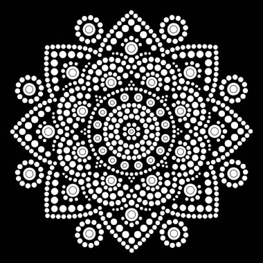 Rahatlama ve meditasyon için dot mandala boyama sayfası. Geleneksel Aborjin sanatı. Nokta boyama moda halk tasarımı çocuklar ve yetişkinler için siyah arkaplan boyama kitabında izole edildi. Vektör illüstrasyonu