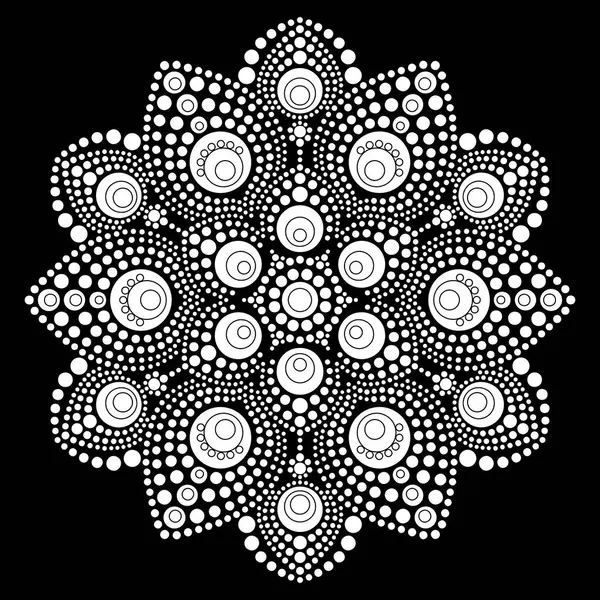 Rahatlama ve meditasyon için dot mandala boyama sayfası. Geleneksel Aborjin sanatı. Nokta boyama moda halk tasarımı çocuklar ve yetişkinler için siyah arkaplan boyama kitabında izole edildi. Vektör illüstrasyonu
