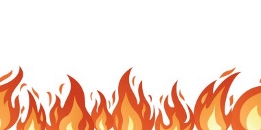 Alevler, sınırsız sınır. Parlak alevler, ateş, kamp ateşi, şenlik ateşi. Yanan çerçeve beyaz üzerine izole çizilmiş. Düz stil, sınırsız yanma çerçevesi. Vektör illüstrasyonu