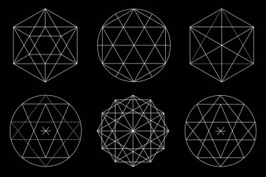 Kutsal geometri vektör tasarımı elementleri. Simya, din, felsefe, maneviyat, hippi sembolleri ve siyah arka planda izole edilmiş elementler. Vektör illüstrasyonu
