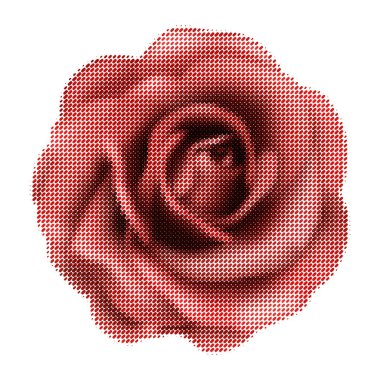 Y2k tarzında yarı tonda kırmızı gül kolajı, klasik punk, siluet noktalar yükseldi. Vektör illüstrasyonu