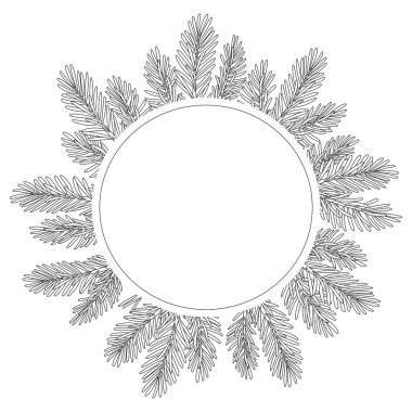 Noel ağacı çerçevesi çerçeve çizgisi yeni yıl tebrik kartı için, mutlu noeller. Christmas Larch, Pine Evergreen ağacı. El çizimi karalama stili beyaza izole edilmiş. Vektör illüstrasyonu