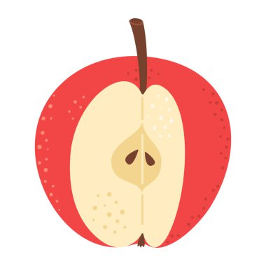 Kırmızı Elma çizgi film ikonunu kes. Kesik elmanın çapraz kesimi, meyve dilimleri, beyaz üzerine izole edilmiş el çizimi moda düz stil. Sağlıklı vejetaryen atıştırması, tasarım için elma kesimi, bilgi. Vektör illüstrasyonu
