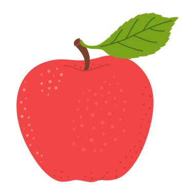 Yeşil yapraklı kırmızı sulu olgun elma. Elle çizilmiş kırmızı elma, beyazı izole edilmiş düz stil. Elma hasatı Sağlıklı vejetaryen atıştırması, tasarım için elma kesimi, bilgi. Vektör illüstrasyonu