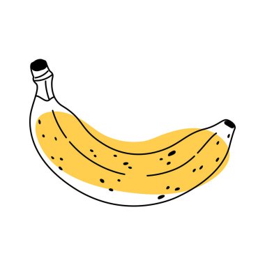 Soyut muz simgesini karala. Lezzetli tropikal meyve, vejetaryen besin. El çizimi sanat eskiz tarzında olgunlaşmış muz. Minimalist ve modern biçimlendirilmiş vektör çizimi.