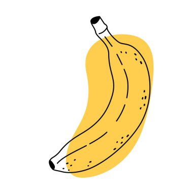 Soyut muz simgesini karala. Lezzetli tropikal meyve, vejetaryen besin. El çizimi sanat eskiz tarzında olgunlaşmış muz. Minimalist ve modern biçimlendirilmiş vektör çizimi.