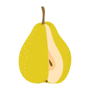 Yeşil armut çizgi film ikonunu kes. Kesik armut, meyve dilimleri, beyaz üzerine izole edilmiş el çizimi düz stil. Sağlıklı vejetaryen aperatifi, tasarlamak için olgun armudu kes, bilgi ver. Vektör illüstrasyonu