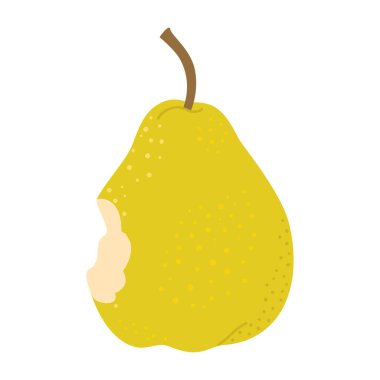 Olgun sulu ısırılmış armut. Yeşil Armut çizgi film resimlerini yedi. El çizimi modaya uygun düz stil beyazda izole. Sağlıklı vejetaryen atıştırması, tasarım için ısırılmış armut, bilgi. Vektör illüstrasyonu