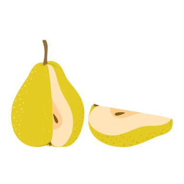 Armut dilimli yeşil armudu kes. Kesik armut, meyve dilimleri, beyaz üzerine izole edilmiş el çizimi düz stil. Vektör illüstrasyonu