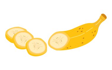 Şeffaf arkaplanda izole edilmiş taze muz dilimi. Sarı tropikal meyve, muzlu atıştırmalık, sağlıklı vejetaryen ve organik gıda. Çizgi El düz stil çizmiş. Vektör illüstrasyonu