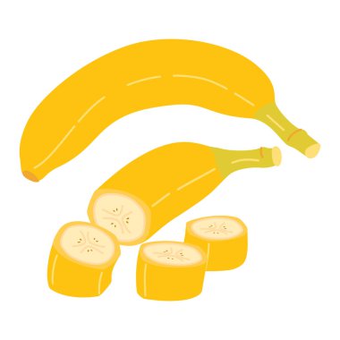 Taze muz ve şeffaf arkaplanda izole edilmiş dilimler halinde kesilmiş. Sarı tropikal meyve, muzlu atıştırmalık, sağlıklı vejetaryen ve organik gıda. El çizimi moda düz stil. Vektör kümesi illüstrasyonu