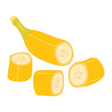 Şeffaf arkaplanda izole edilmiş taze muz dilimi. Sarı tropikal meyve, muzlu atıştırmalık, sağlıklı vejetaryen ve organik gıda. Çizgi El düz stil çizmiş. Vektör illüstrasyonu