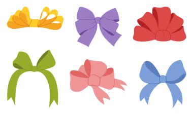 Kurdele yay takımı. Sevgililer Günü ya da düğün süslü bant yayları. Çizgi film unsurları hediye, kutlama ve tebrik içindir. Şeffaf arka planda elle çizilmiş modaya uygun düz stil. Vektör illüstrasyonu