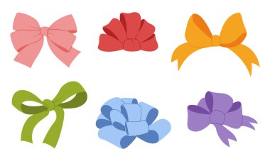 Kurdele yay takımı. Sevgililer Günü ya da düğün süslü bant yayları. Çizgi film unsurları hediye, kutlama ve tebrik içindir. Şeffaf arka planda elle çizilmiş modaya uygun düz stil. Vektör illüstrasyonu