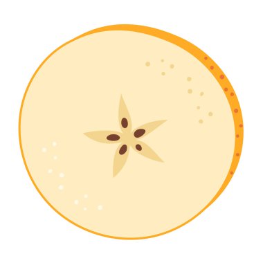 Taze sarı elma dilimi ikonu. Sağlıklı vejetaryen atıştırması, tasarım için elma kesimi, bilgi. Parçalara ayrılmış elma. El çizimi moda düz stil şeffaf arka planda izole. Vektör illüstrasyonu