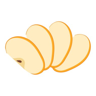 Taze sarı elma dilimi ikonu. Sağlıklı vejetaryen atıştırması, tasarım için elma kesimi, bilgi. Parçalara ayrılmış elma. El çizimi moda düz stil şeffaf arka planda izole. Vektör illüstrasyonu