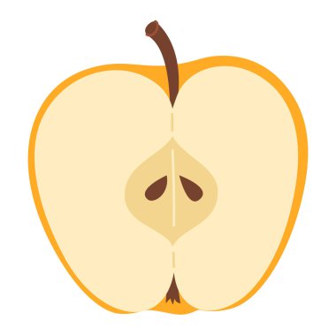 Sarı elma ikiye bölünmüş. Tohumlu bir parça taze meyve. Elmanın yarısı ikon. El çizimi moda düz stil şeffaf arka planda izole edildi. Vektör illüstrasyonu