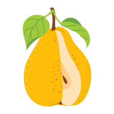 Sarı armut çizgi film ikonunu kes. Taze kesilmiş, sulu sarı armut, meyve dilimleri, şeffaf arka planda el çizimi düz stil sağlıklı vejetaryen aperatifi. Vektör illüstrasyonu