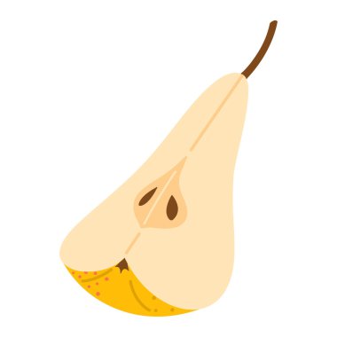 Sarı armut çizgi film ikonunu kes. Taze kesilmiş, sulu sarı armut, meyve dilimleri, şeffaf arka planda el çizimi düz stil sağlıklı vejetaryen aperatifi. Vektör illüstrasyonu