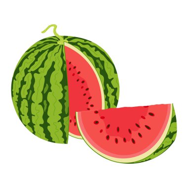 Olgun kırmızı kesim karpuz ve karpuzdan dilimlenmiş karpuz. El çizimi moda düz stil izole meyve organik doğal tatlı, sağlıklı tatlı kırmızı sulu yaz meyvesi. Vektör illüstrasyonu