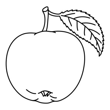 Yaprak çizgili bir elma boyama sayfası çiziyor. Olgun elma siyah ve beyaz vektör çizimi. El çizimi karalama biçimi.