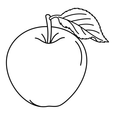 Yaprak çizgili bir elma boyama sayfası çiziyor. Olgun elma siyah ve beyaz vektör çizimi. El çizimi karalama biçimi.